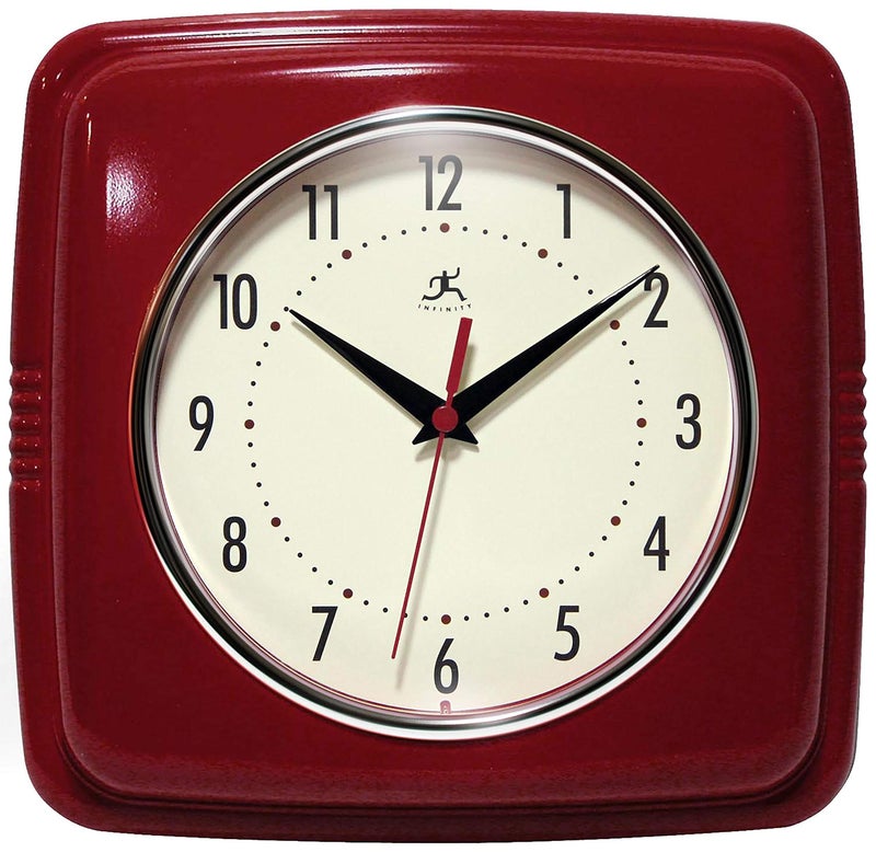 Infinity Instruments Square Silent Retro 9 inch Mid Century Modern Kitchen Diner Retro Wall Clock Quartz Sweep Movement (Red) - Image 1
